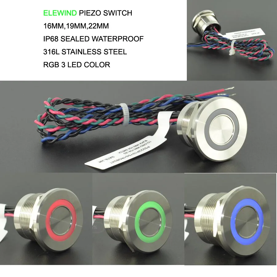 16MM 19MM 22MM IP68 316L stainless steel or  Black aluminum Waterproof RGB 3 color piezo push button switch PS223P10YSS1RGB24T