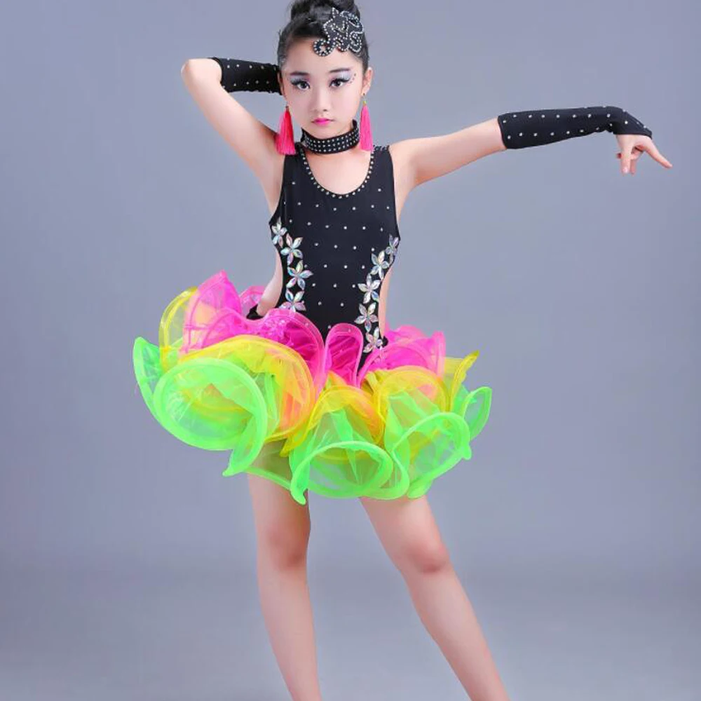 Children Jazz Latin Dance wear Costumes Girls Sequined Ballroom Dancing dress Kids Performance salsa Latin dance Outfits