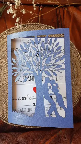 

Customized Navy blue love couple Invitations,Laser Cut tree Wedding Invitation, personalized printed folded cards