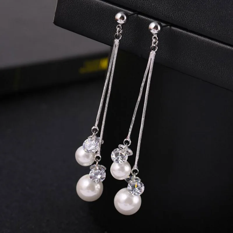 Grace Jun High-grade Pearls Cubic Zircon Long Tassel Clip on Earrings Without Piercing for Women Elegant Jewelry Ear Clip Bijoux