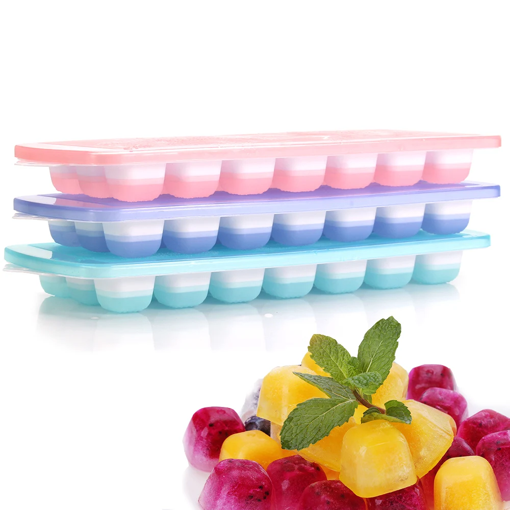 

3-pack Silicone Ice Cube Trays With Spill-Resistant Removable Lid, Easy Release Stackable 21 Cavity DIY Ice Cube Maker