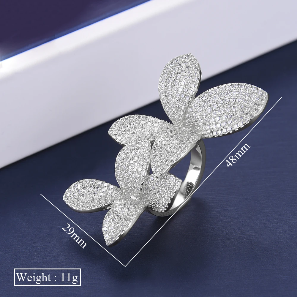 Missvikki Noble Luxury Fingers Ring Adjustable Fashion Blooming Flowers Full Shiny Cubic Zirconia Top Quality Stage Jewelry