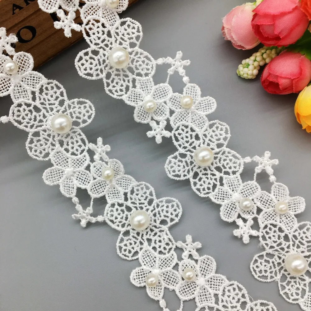 1 Yard Vintage Flower Beaded Pearl Lace  Trim African Ribbon Fabric Wedding Dress Clothes Handmade Applique DIY Sewing Craft