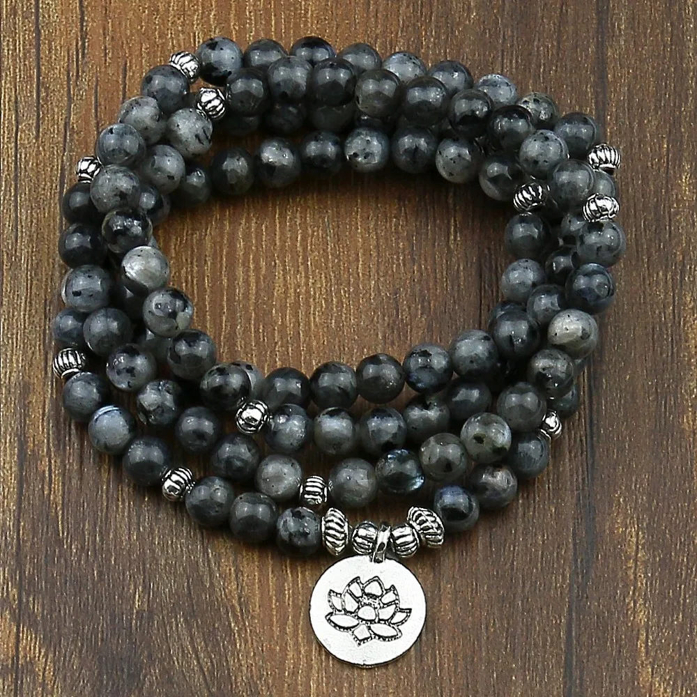 Labradorite Flashstone Strand Bracelet Trendy Handmade Men`s 108 Mala Yoga Bracelet Lotus  Buddha Bracelet Women,Birthday Gift