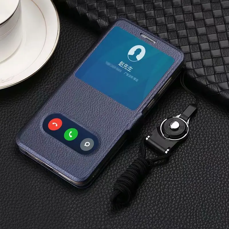 Business Double View Window Flip PU Leather Case POCO M4 M3 Redmi Note 10 11 Pro Plus Mi 11T Lanyard Cover Magnetic Buckle Case