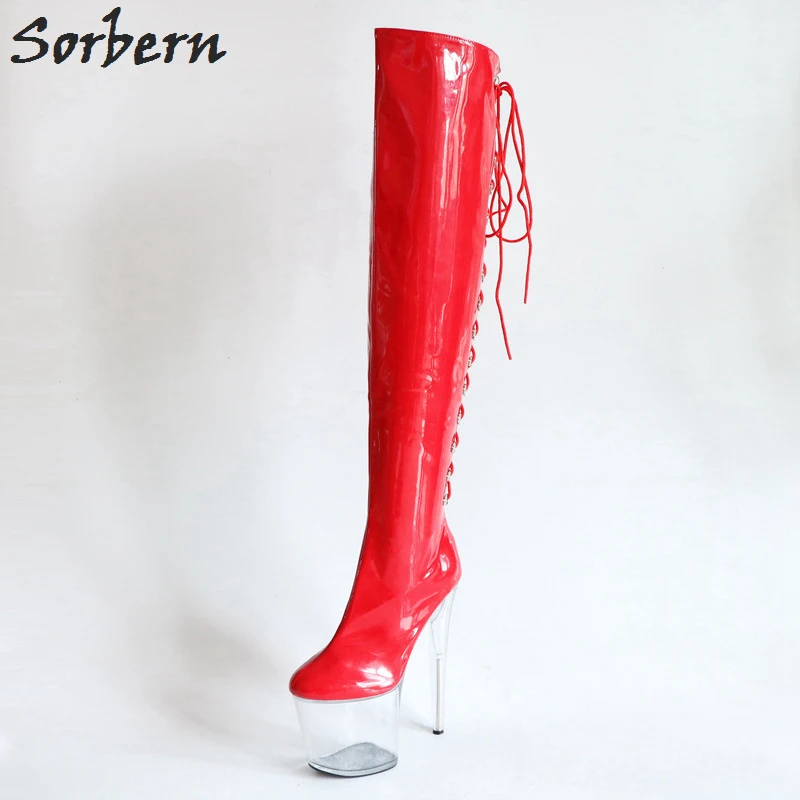 Sorbern Red Lace Up Over The Knee Boots Super High Heels 20Cm See Through High Heel Platform Boots Women Custom Wide Fit Leg