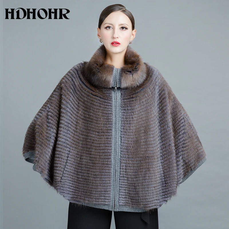 HDHOHR 2024 Knitting Mink Fur Coat Women Lapel Bat Sleeves High Quality Winter Fashion Real Mink Fur Coats Large Size Fur Jacket