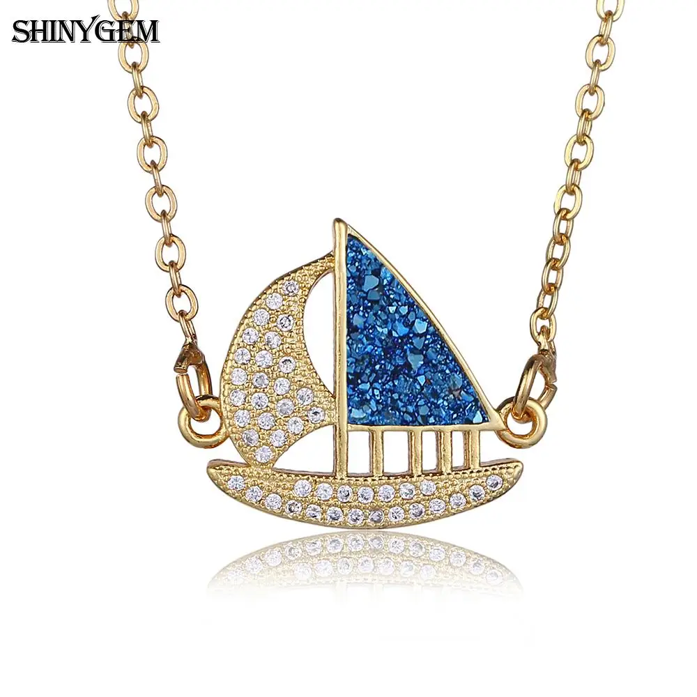 

ShinyGem TRENDY Sailboat Pendant Necklace Gold Plating CZ Crystal Stone Zircon Lucky Boat Ship Gold Chain Necklace For Women