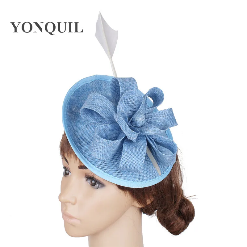 Light Blue Imitation Sinamay Fascinators Base with Feather Wedding Headwear Church Hats for Women Red Hair Accessories Wholesale