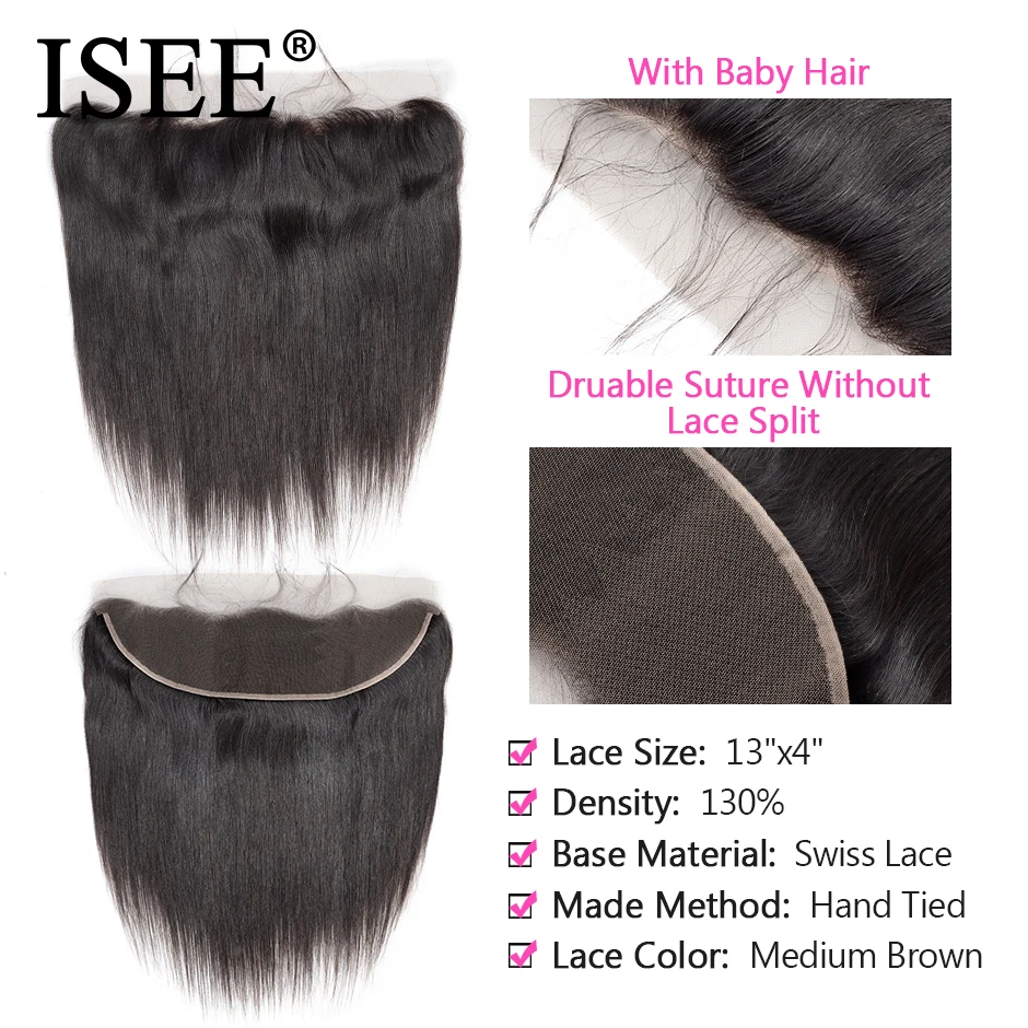 ISEE HAIR Brazilian Straight Lace Frontal Closure 13*4 Ear to Ear Free Part Frontal 130% Destiny Remy Hair can be dyed