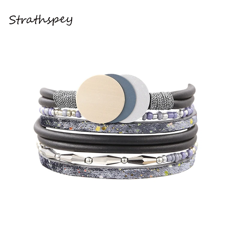 STRATHSPEY New Fashion Grey Color Leather Beads Multi Layer Bracelet Bangle Magnet Buckle Women Round  Disc Decorated Jewelry