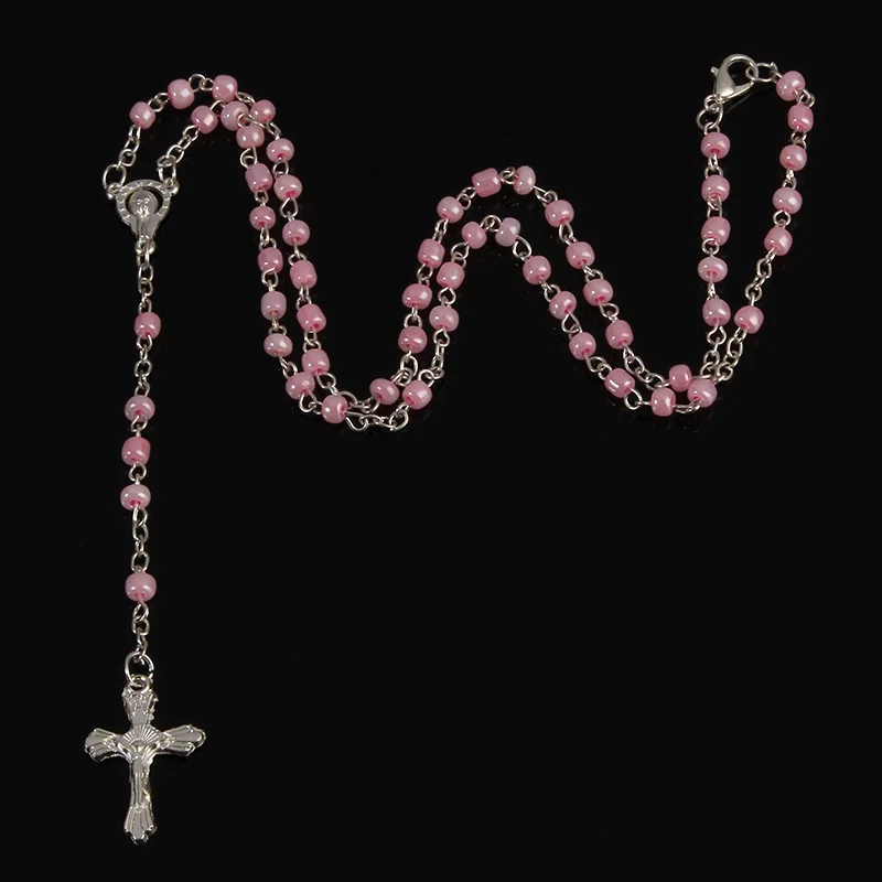 

Glass Pearl Rosary Necklace Jesus Christ Cross Pendant Necklace Long Chain Men's and Women's Virgin Mary Christian Fashion Jewel