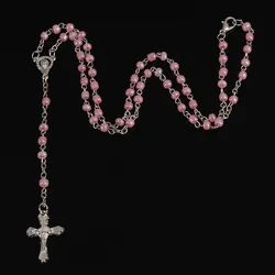 Glass Pearl Rosary Necklace Jesus Christ Cross Pendant Necklace Long Chain Men's and Women's Virgin Mary Christian Fashion Jewel