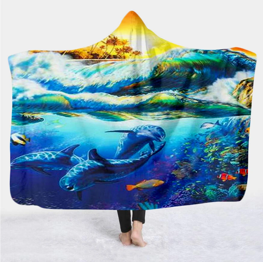 

Plstar Cosmos Cute dolphin colorful Blanket Hooded Blanket 3D full print Wearable Blanket Adult men women Blanket style-3