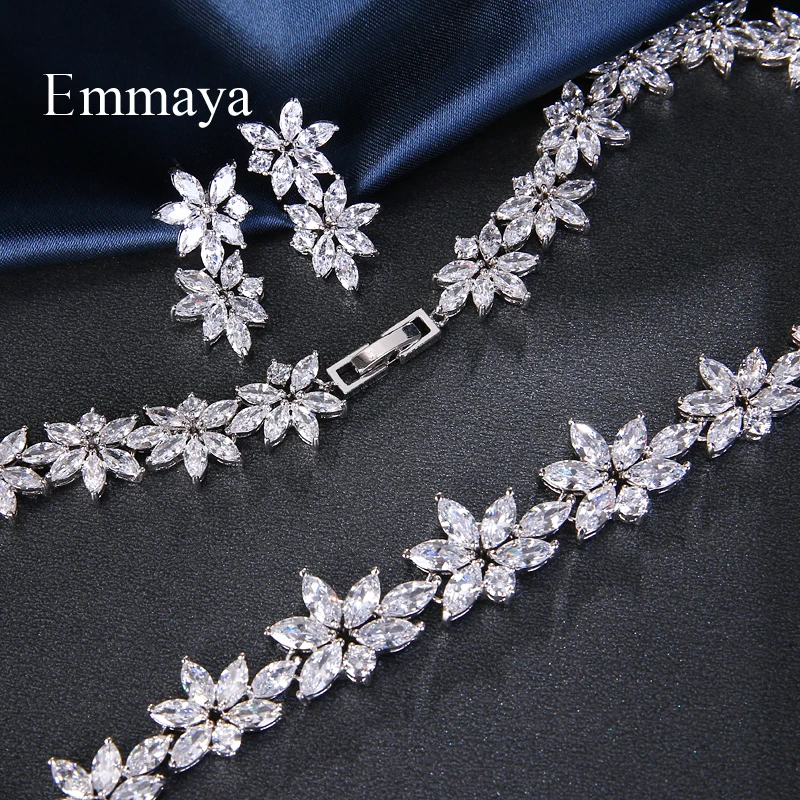 Emmaya Elegant Luxury White AAA Zircon Crystal Flowers Pretty Wedding Necklace Earrings Set For Women Dinner Dress Jewelry Set