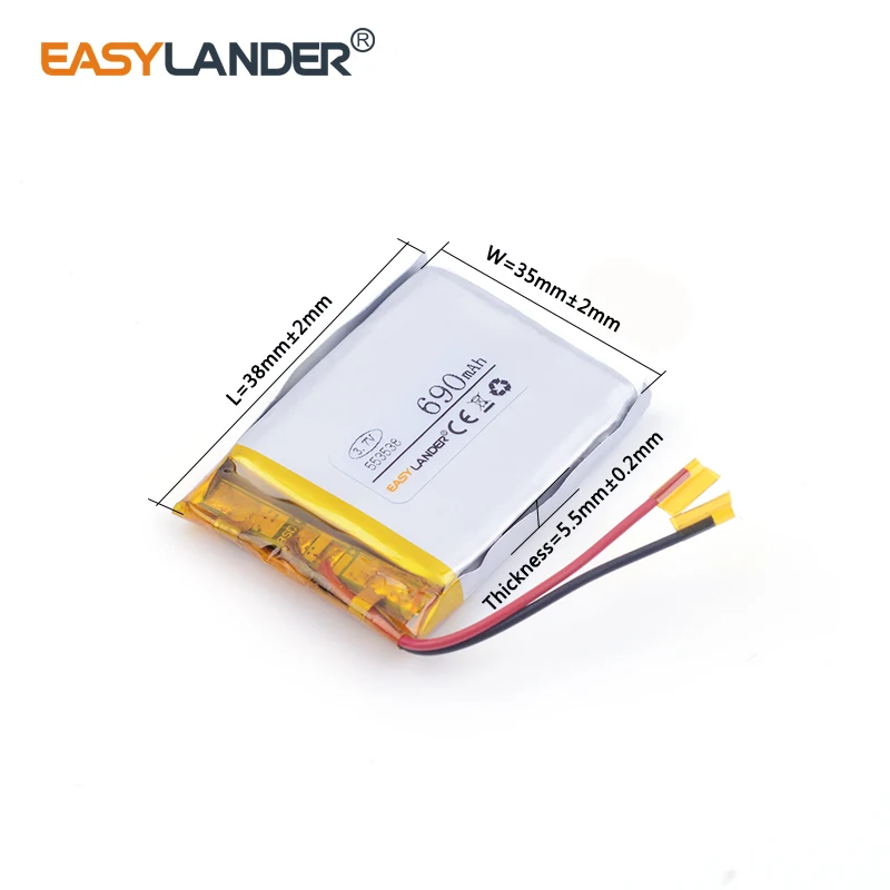 Bateria recarregável do polímero do Li-íon do lítio, 690mAh, 3.7 V, 553538, oradores MP3, DVR, GPS, relógio esperto