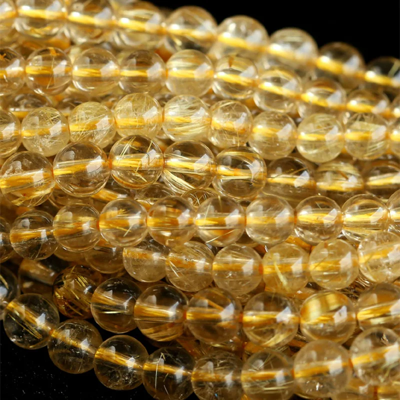 

Wholesale Clear Natural Genuine Yellow Gold Hair Rutile Quartz Round Loose Stone Beads 3-18 DIY Necklaces or Bracelets 15" 03809