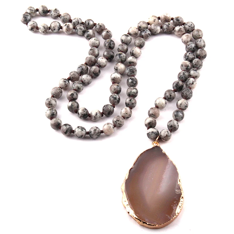 Fashion Semi Precious Stones Long Knotted Stone Agat Drop Pendant Necklaces Women Ethnic Necklace