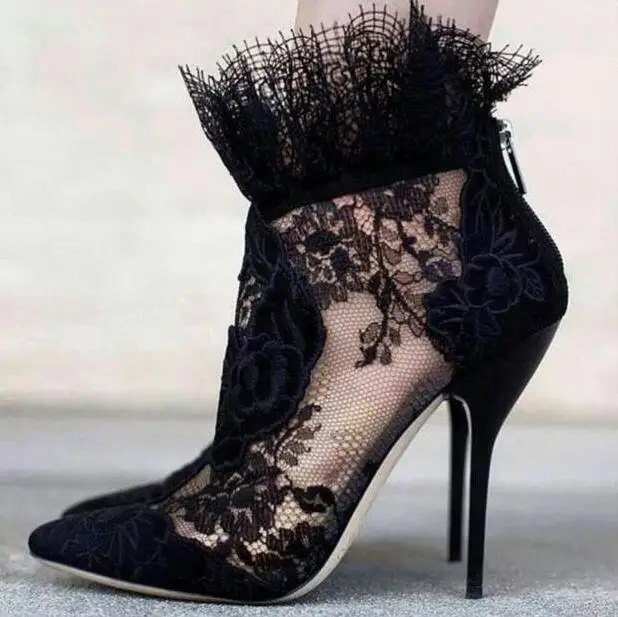 2018 Hot Sale Black Lace Women Elegant Ankle Boots Sexy Pointy Toe Ladies High Heel Boots Ankle Ruffles Female Dress Boots