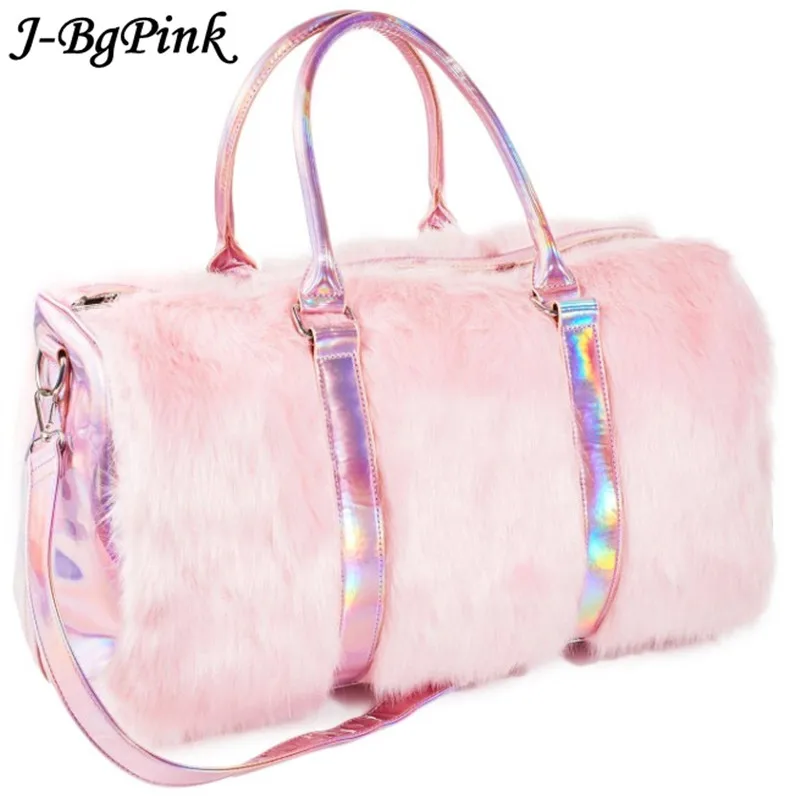 Sweet Girls Soft Rainbow Bags Faux Fur Women Tote Bags Large Capacity Laser Symphony Pink Shoulder BagsTravel Boston Bags