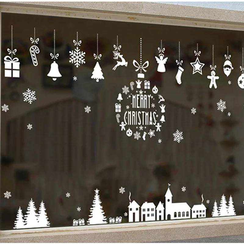 Christmas Village Glass Window White Wall Sticker For Christmas Decoration Mural Home Decor Decals Wallpaper Snowflake Stickers