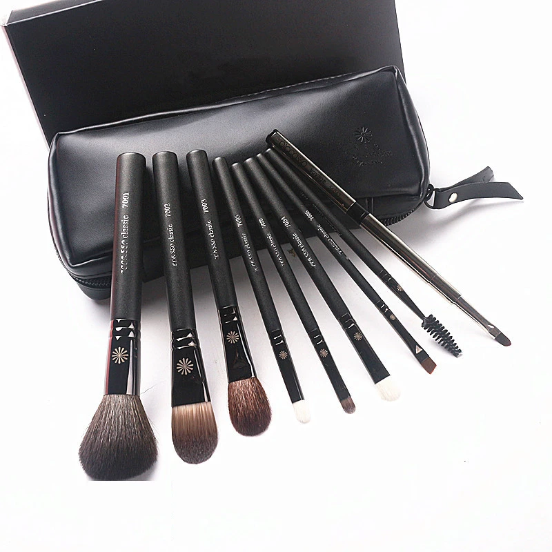 Korean Pony 9Pcs Makeup Brushes Set Professional Pearly Handle Natural Goat Hair Makeup Brush Kit With Leather Case Gift