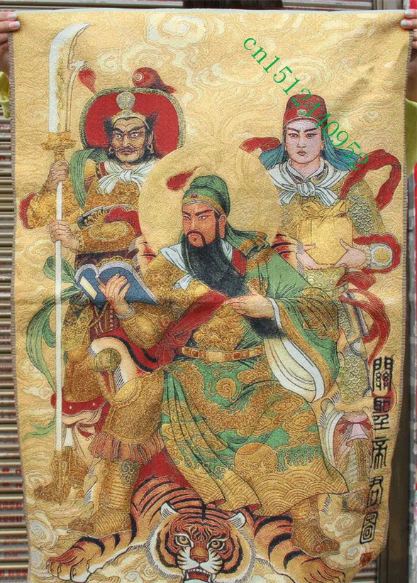 

36 inch Chinese Silk embroidery Guan Gong Yu Warrior God 2 Guards Thangka Paintings Mural