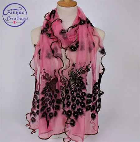 Female scarf Fashion Women Peacock Flower Embroidered Lace Scarf Long Soft Wrap  Shawl New Spring Elegant Scarves