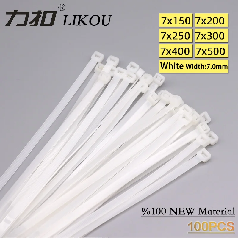 LIKOU Nylon cable ties 7x400mm/450mm/500mm 100pcs Plastic self-locking cable ties straps 100PCS WHITE/BLACK