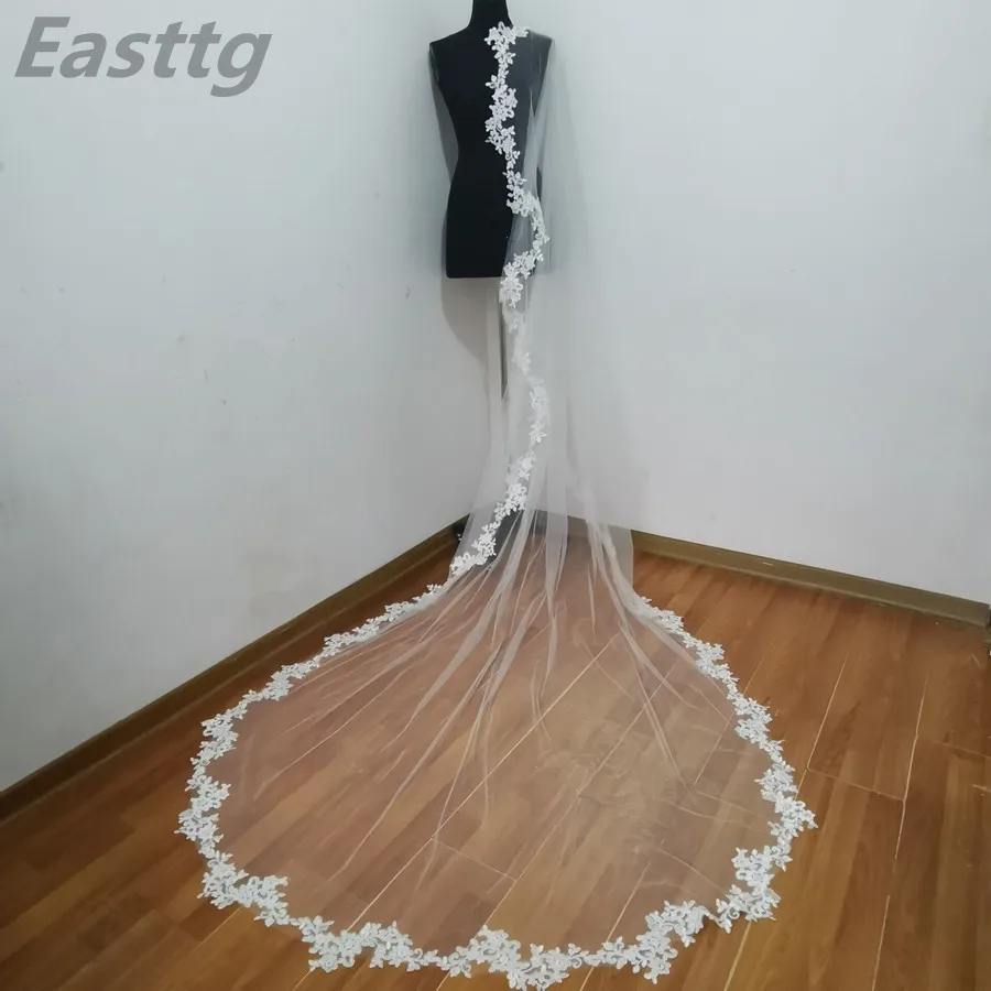 YENI Real Resimleri Beyaz/Fildişi düğün duvağı Tarak Dantel 3 M Katedrali Uzun Gelin Veils Düğün Aksesuarları Veu De Noiva