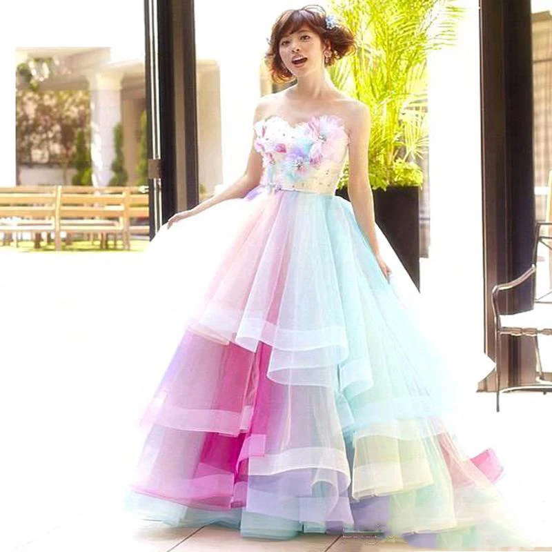 Robe De Soiree Regenboog Kleurrijke Prom Dresses 2020 Sweetheart Tiered Tulle Baljurk Prom Party Jurken Vestidos De Formatura