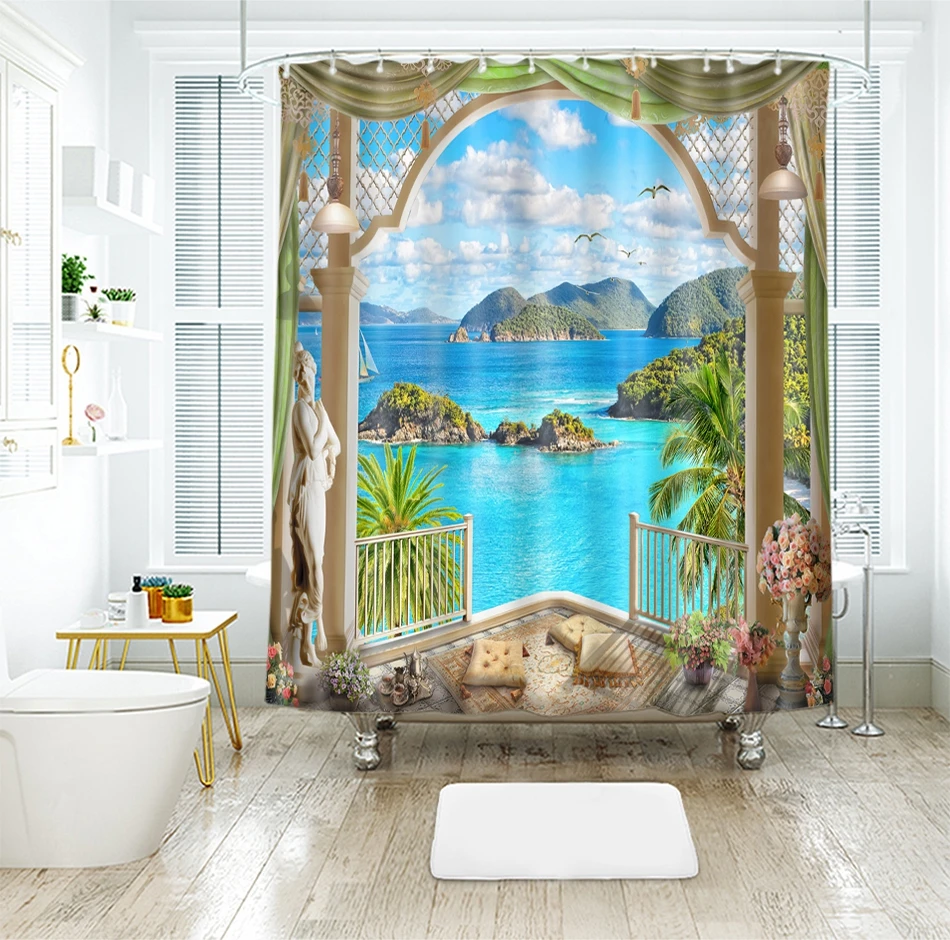 

3d Sea View Pattern Shower Curtains Sunset Glow outside the Window Bathroom Curtain Thicken Waterproof Thickened Bath Curtain