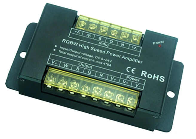 

AP103 RGBW High speed led power amplifier;DC5-24V;Output:4channels; Max Output current :4*8A; Max Output power: 160W/5V 384W/24V