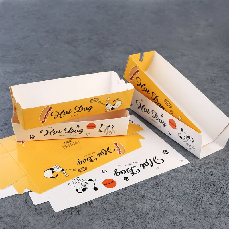 Disposable Hotdog Paper Box, Food Grade, Cantoon Fried Food Tray, White Cardboard, Anti-Oil Packing Box, Rectangle Package Tool