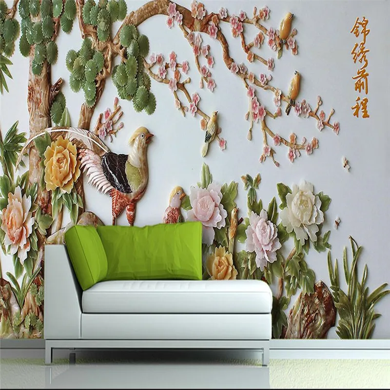 

beibehang Home Decor Peony Plum jade bird Murales De Pared 3d Wallpaper Hotel Background Modern Mural for Living Room