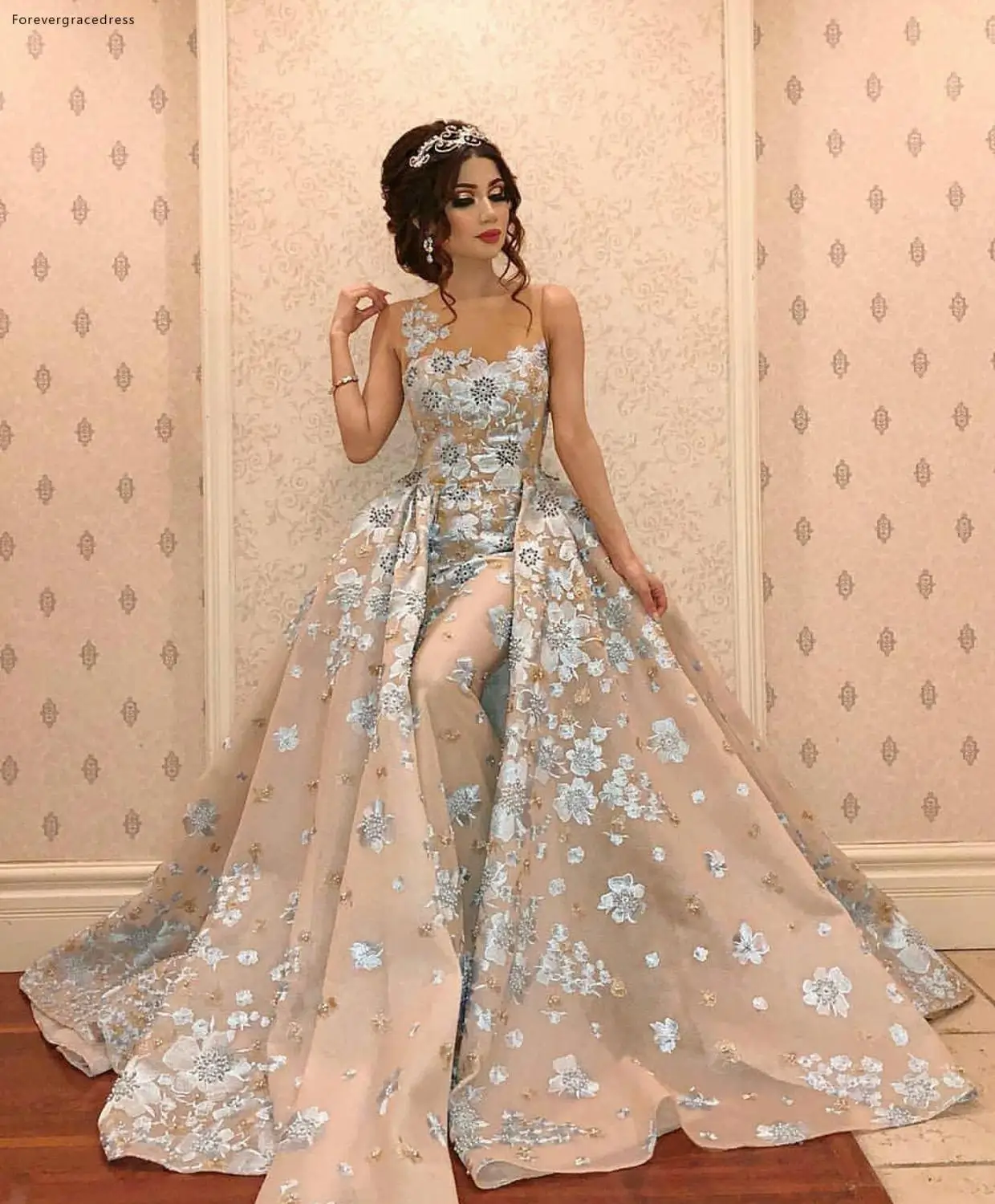 Sereia Longos Vestidos de Noite 2019 Mais Recente Arábia Saudita Dubai Appliqued Com Trem Destacável Desgaste Do Feriado Formal Partido Prom Vestidos