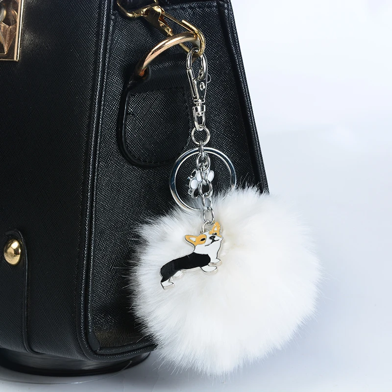 Fashion Cute  Welsh Corgi Fur Pompom Key Chain Dog Pendant Keychain Bag Charm Car Key Ring gift Jewelry