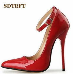 SDTRFT US9-14 15 16 17 18 Spring Gold Bottoms Patent Leather shoes Red Ankle Strap Pointed Toe Wedding pumps Crossdresser Mujer