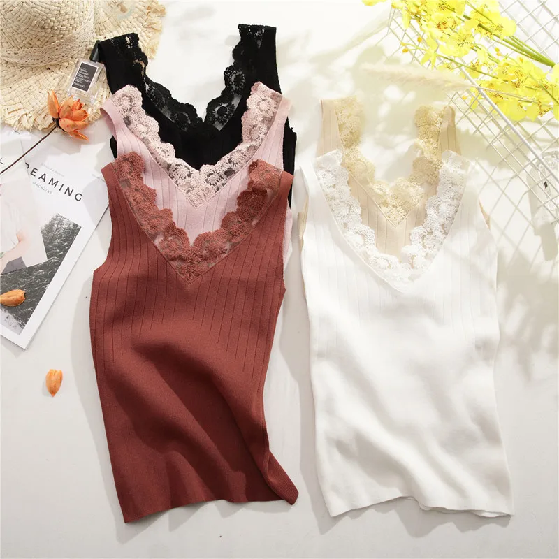 Summer Women Knitting Solid Camis Tops Sleeveless Tee shirts Girls Sexy Sweet Tops Tanks Knitwear Patch Lace V-neck