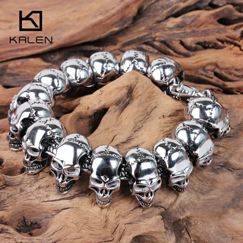 Kalen Skull Charm Men\'s Hand Bracelet Stainless Steel Punk Skeleton Male Wrap Metal Vintage Bangle European Punk Jewelry Gift