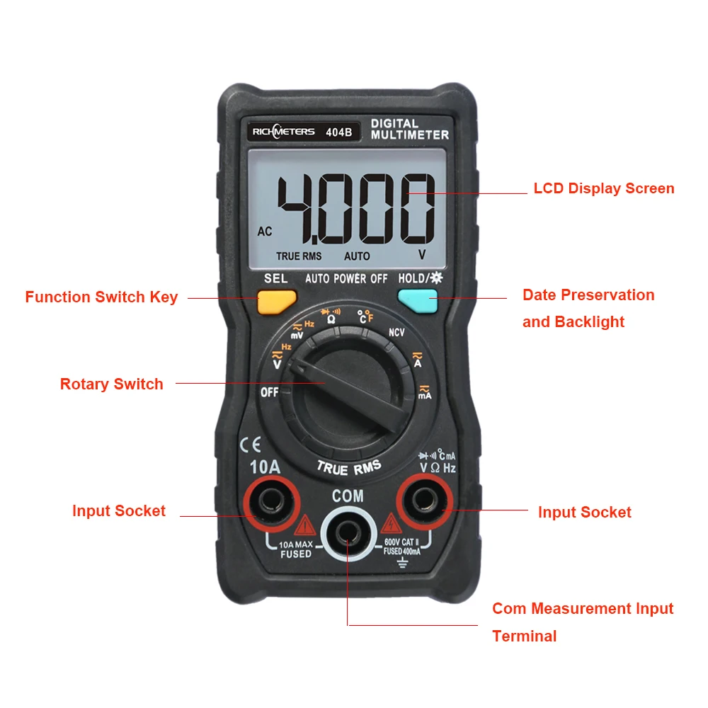 RM404B Digital Multimeter Multi Meter AC/DC Voltage Current Transistor Tester Ammeter Temperature Sensor Test Lead Probe