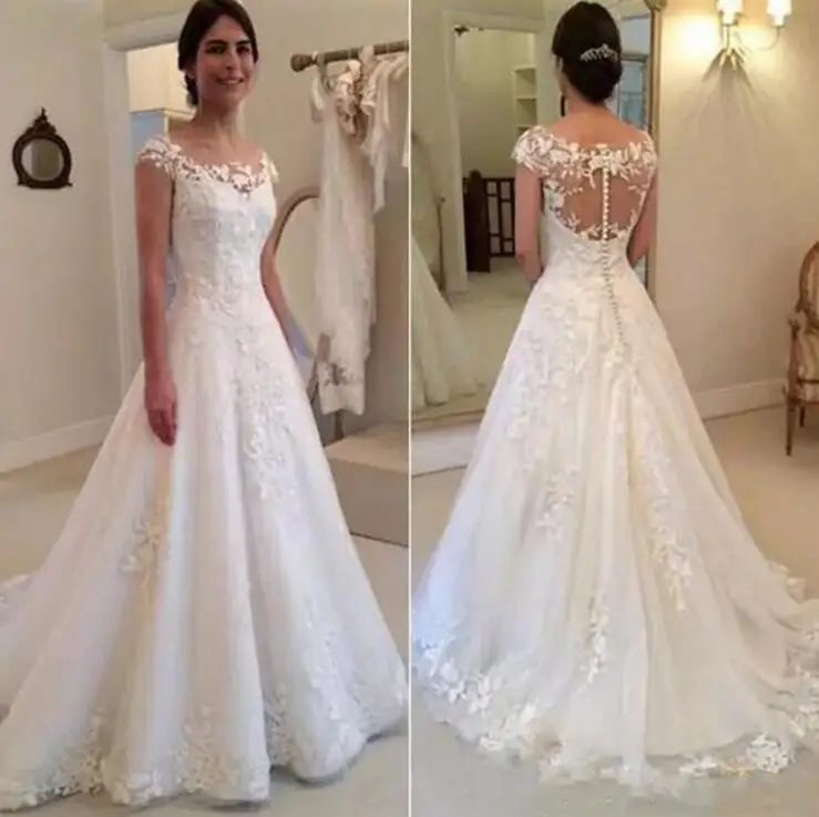 

Vestido de Noiva Modest Sheer Bateau Neckline See Through Button Back Wedding Dress 2019 New Cap Sleeves Backless Bridal Gown