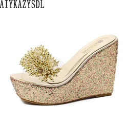 AIYKAZYSDL sandali di cristallo con nappine con frange donna tacchi spessi PVC trasparente zeppa con zeppa scarpe con plateau scivoli estivi