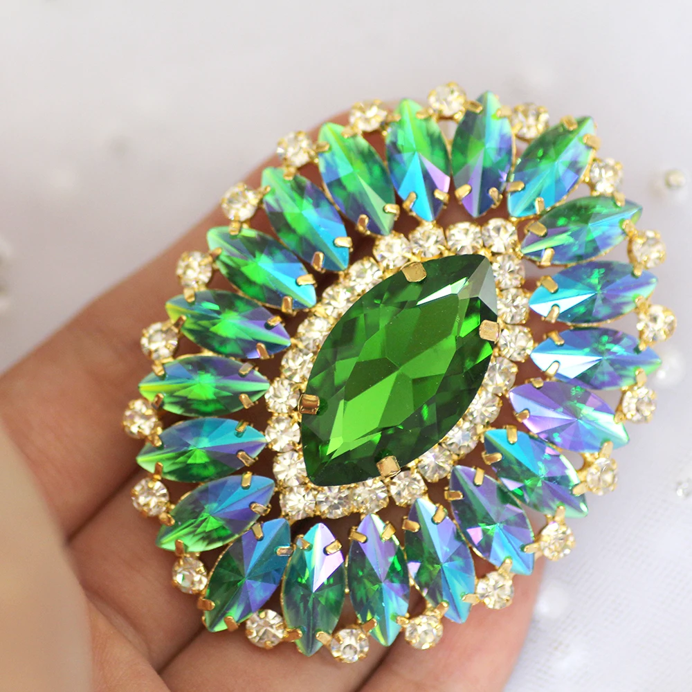 Oval shape Blue Rhinestone applique gold base red green sew on rhinestone strass crystal for Garments party dress decoration