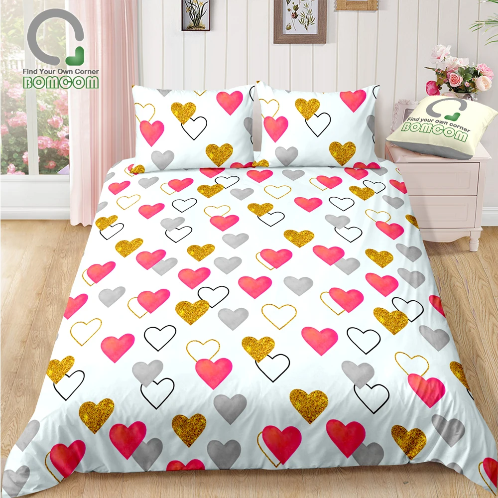 

BOMCOM 3D Digital Printing Bedding Set Glittering Gold Pink Grey Hearts 3-Pieces Duvet Cover Sets 100% Microfiber Light Blue