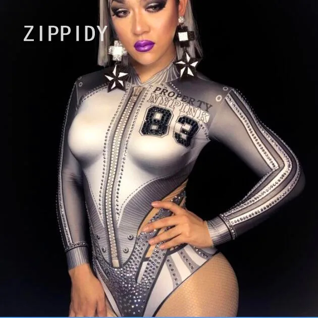 Gray White Crystals Rhinestone Baseball Bodysuit Nightclub Show Party Singer Dancer Performance Stretch Costume Stage Wear