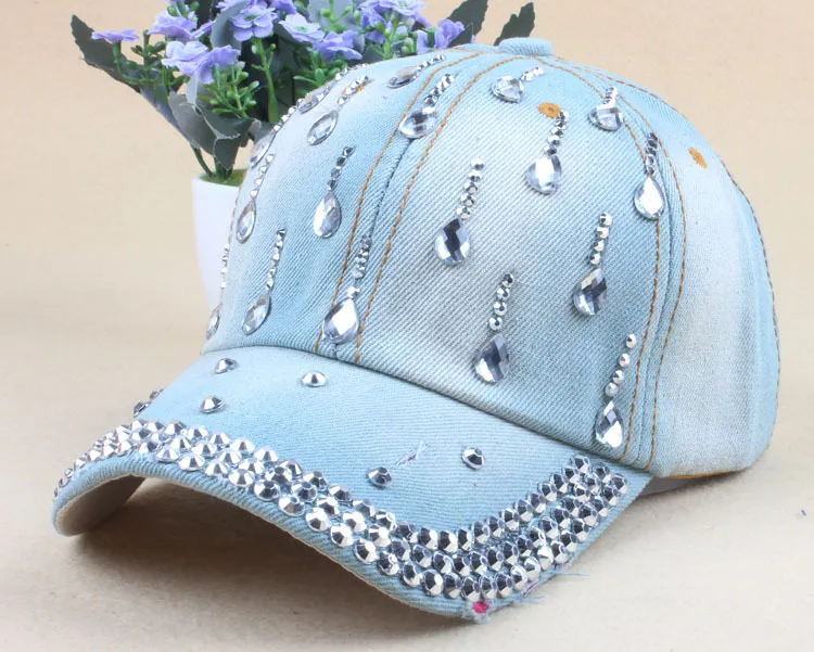 New Denim Hip Hop Caps Fashion Leisure Woman Cap With Water Drop Rhinestones Vintage Jean Cotton Baseball Caps For Men Hot Sale