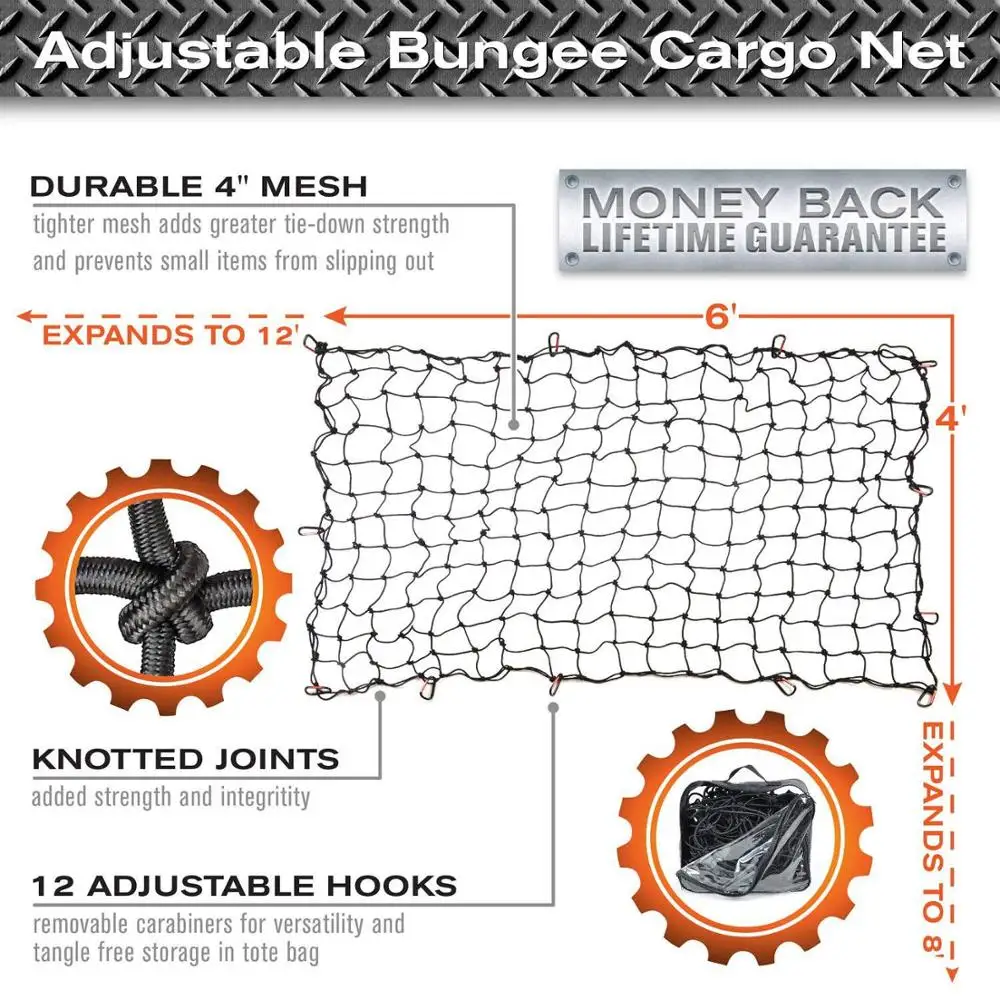 Super Duty Bungee Cargo Net for Truck Bed Stretches to 12 Tangle-Free D Clip Carabiners | Small Mesh Holds Small and Large Loads