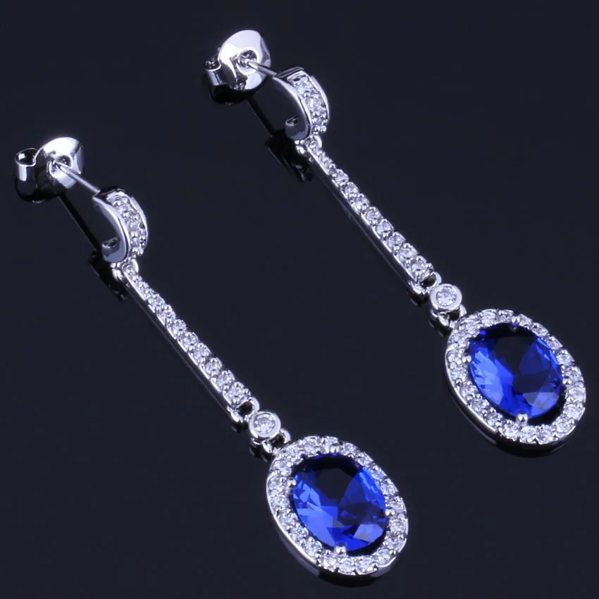 Luxurious Blue Cubic Zirconia White CZ Silver Plated Drop Dangle Earrings V0692