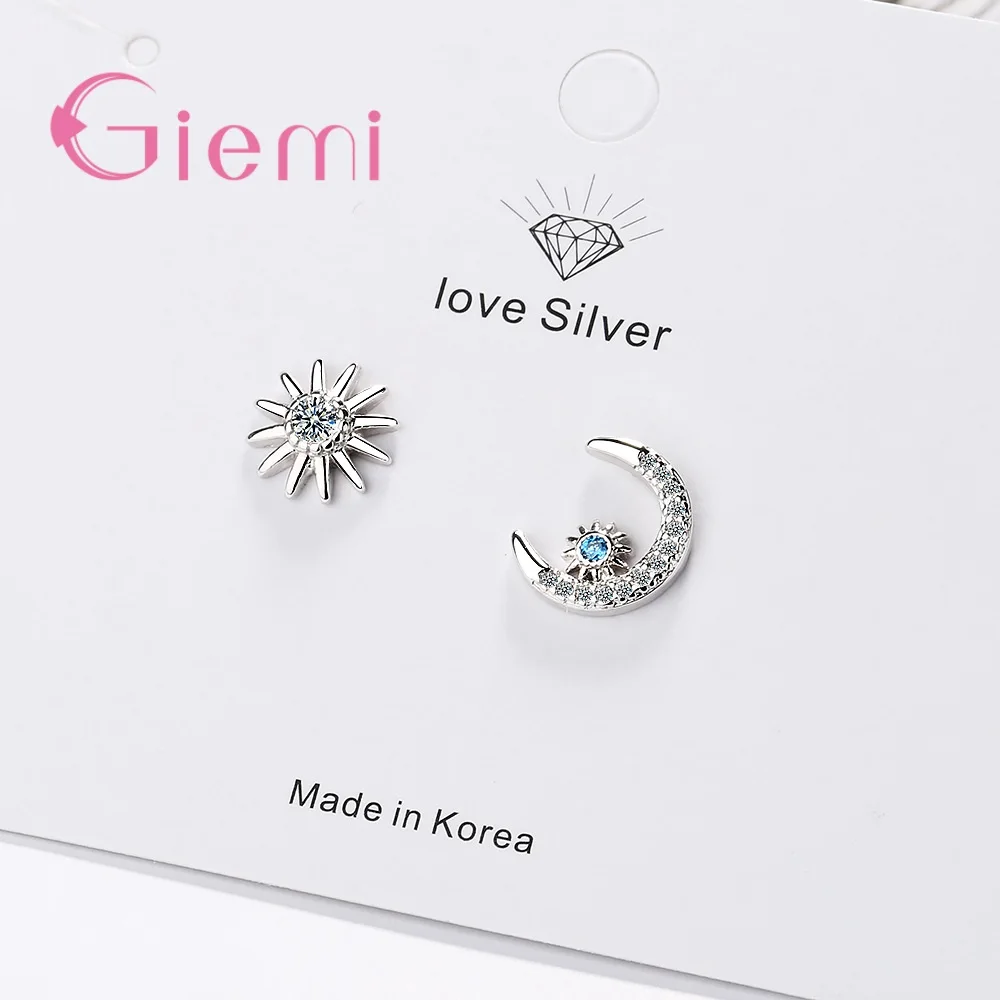 925 Simple Small Fashion Mutiple Asymmetrical Blue Crystal Moon Sun Mang Stars Cute Stud Earrings For Young Girls Women Jewelry